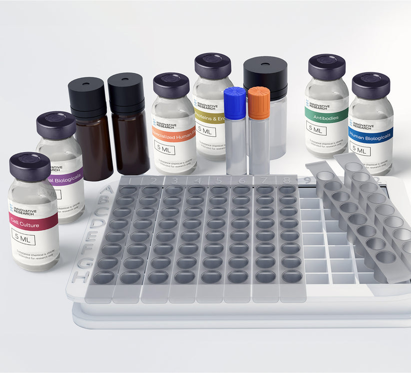 A collection of laboratory bottles and a microplate setup, typically used for the Human IgG3 ELISA Kit.
